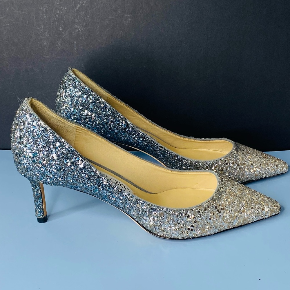 Jimmy Choo Authentic Romy 60 Gradient Ombré Silver and Blue Heels Size 38 - Picture 4 of 17
